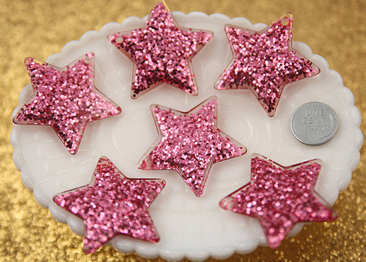 40mm Pink Glitter Stars Resin Charms - 4 pc set