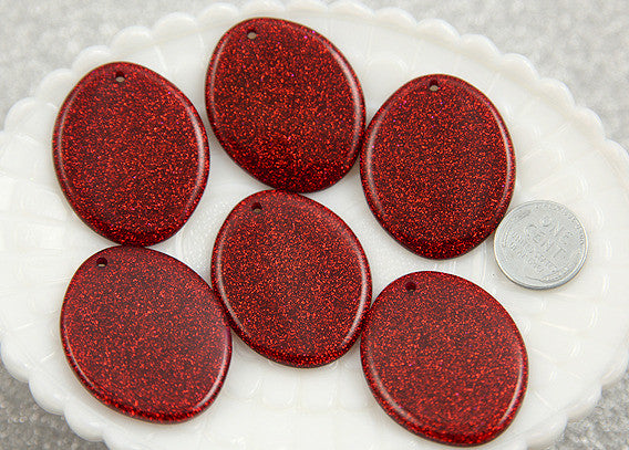 40mm Red Glitter Resin Oval Pendants or Charms – 6 pc set
