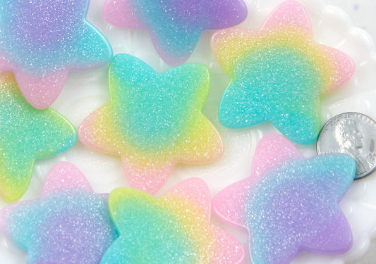 Pastel Star Cabochons - 40mm Pastel Shimmer Rainbow Star Resin Flat back Cabochons - 6 pc set