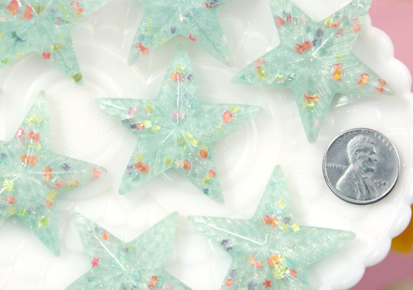 Pastel Star Flatbacks - 40mm Lg Pastel Blue Confetti Star Resin Cabochons or Flat backs - 6 pc set