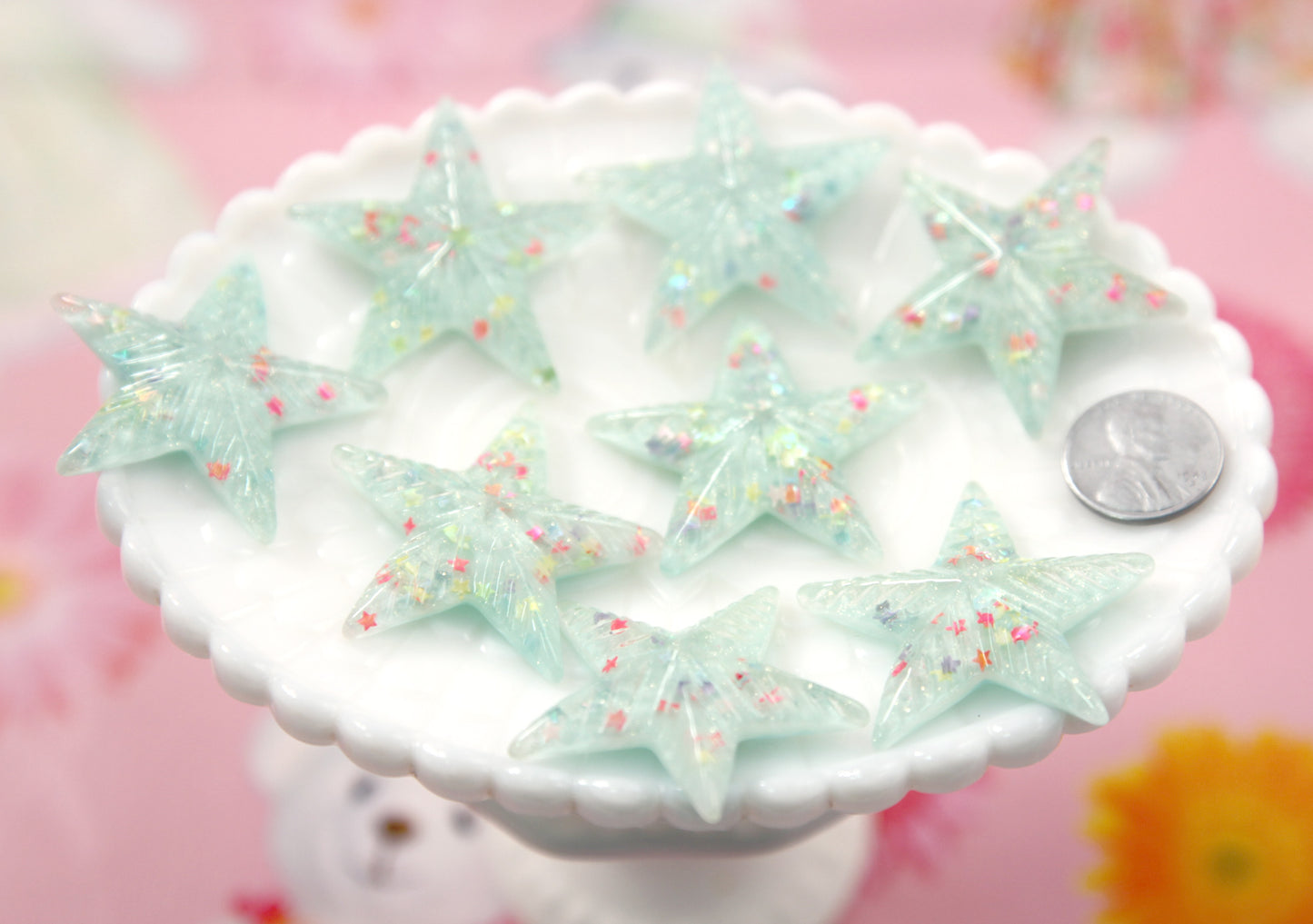 Pastel Star Flatbacks - 40mm Lg Pastel Blue Confetti Star Resin Cabochons or Flat backs - 6 pc set