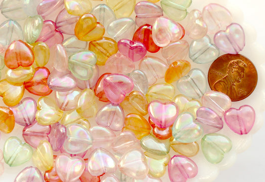 Heart Beads - 11mm AB Transparent Iridescent Puffy Heart Acrylic or Resin Beads - 100 pcs set