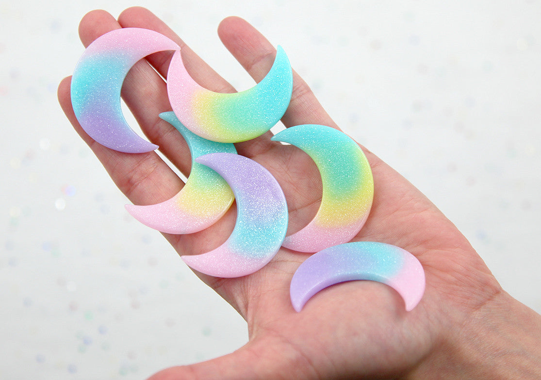 Pastel Moon Cabochons - 44mm Pastel Shimmer Rainbow Moon Resin Flat back Cabochons - 6 pc set