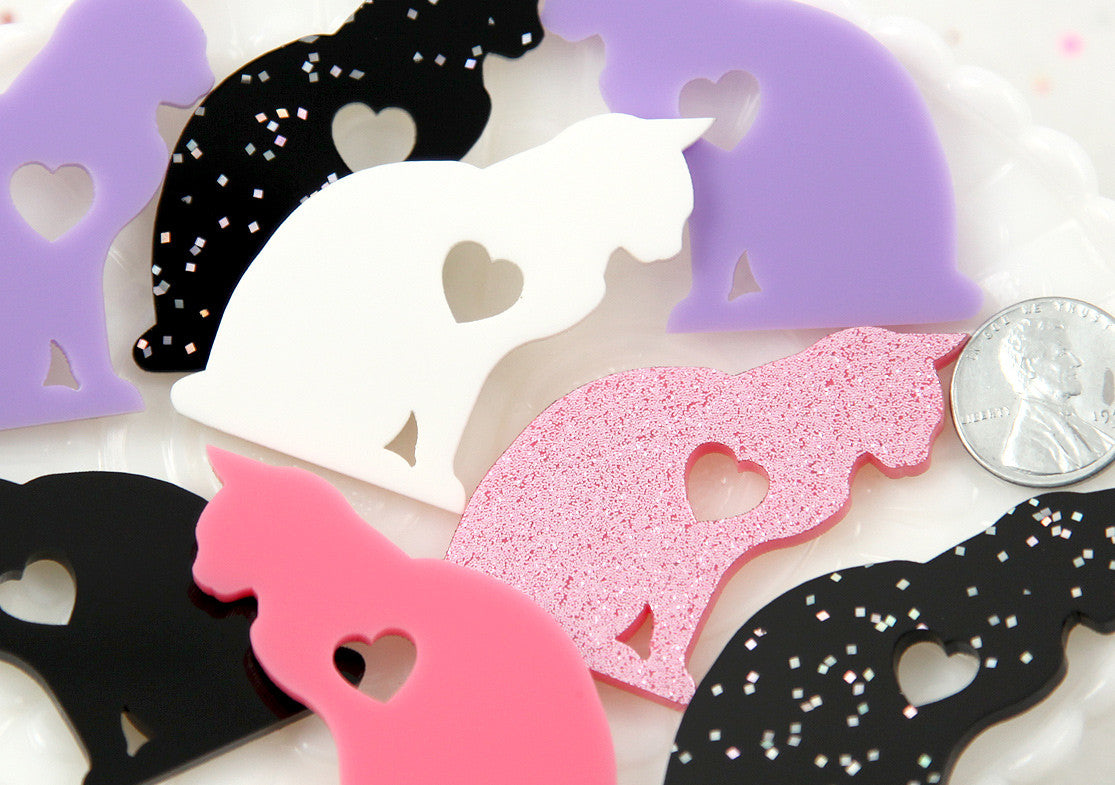 45mm Love Cat Silhouette Profile Kitty with Heart Mixed Colors Acrylic or Resin Cabochons - Glitter Pink + Black, White, Purple - 8 pc set