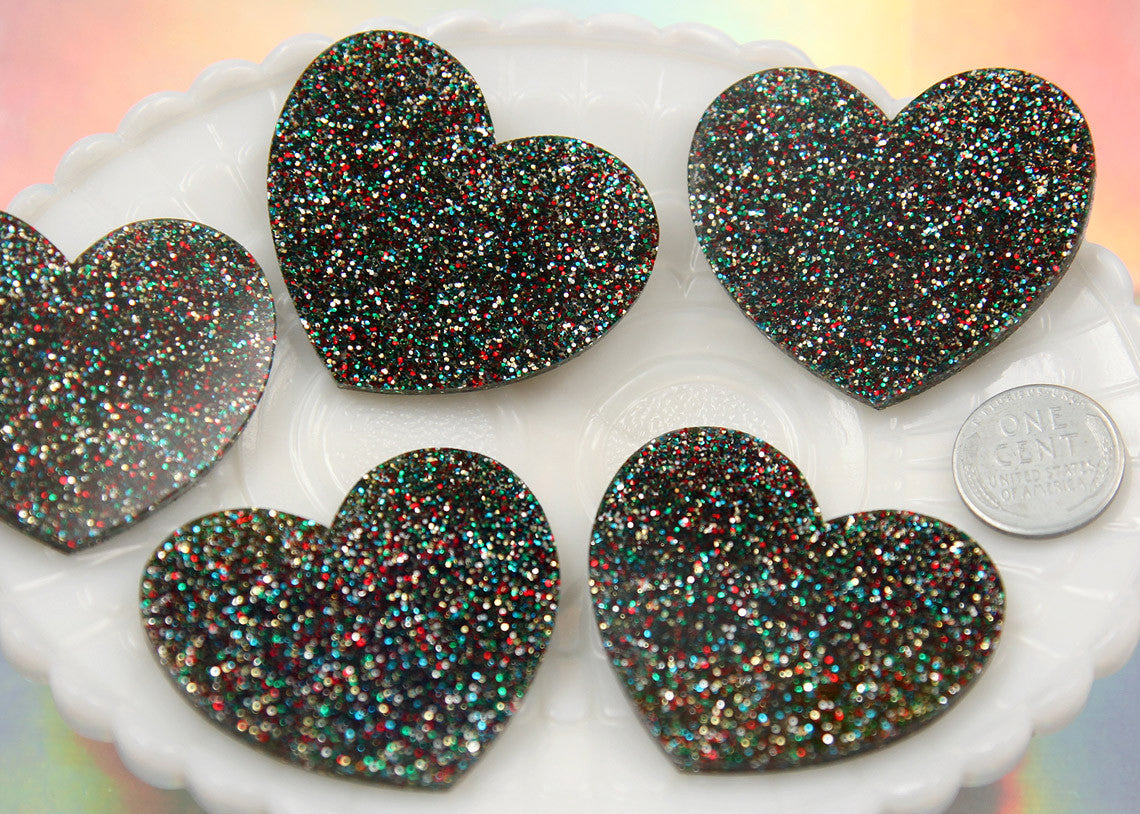 45mm Rainbow Multi Glitter Heart Acrylic or Resin Cabochons - 4 pc set
