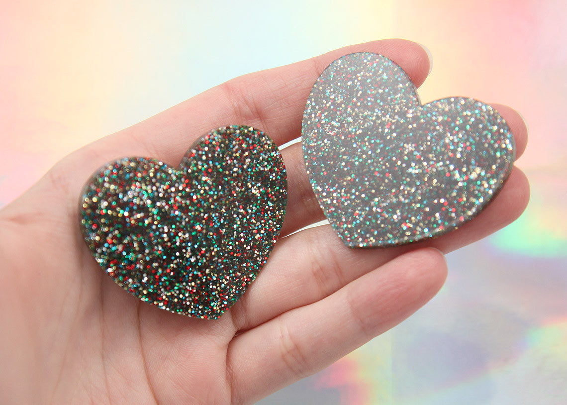 45mm Rainbow Multi Glitter Heart Acrylic or Resin Cabochons - 4 pc set