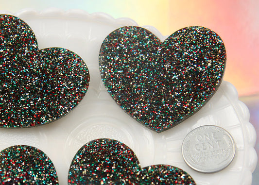 45mm Rainbow Multi Glitter Heart Acrylic or Resin Cabochons - 4 pc set