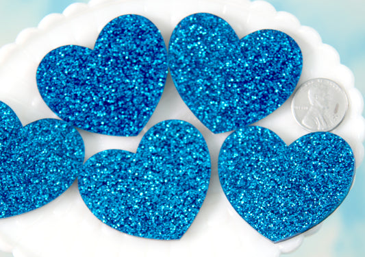 Heart Cabochons - 45mm Blue Glitter Aqua Turquoise Glittery Color Heart Cabochons - 4 pc set