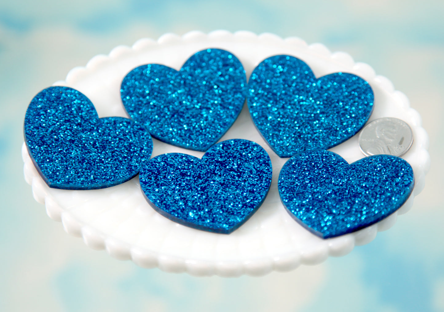 Heart Cabochons - 45mm Blue Glitter Aqua Turquoise Glittery Color Heart Cabochons - 4 pc set