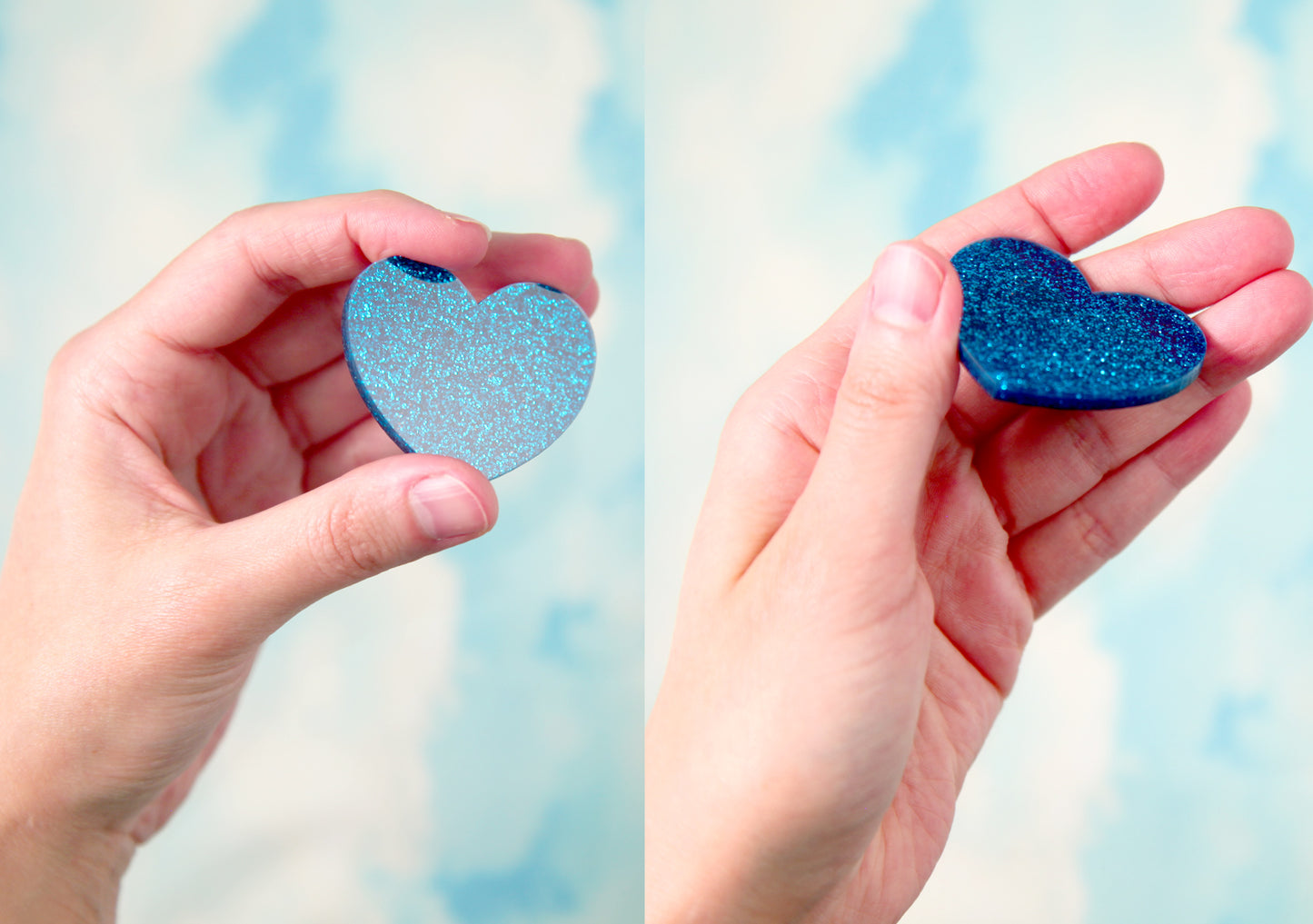 Heart Cabochons - 45mm Blue Glitter Aqua Turquoise Glittery Color Heart Cabochons - 4 pc set