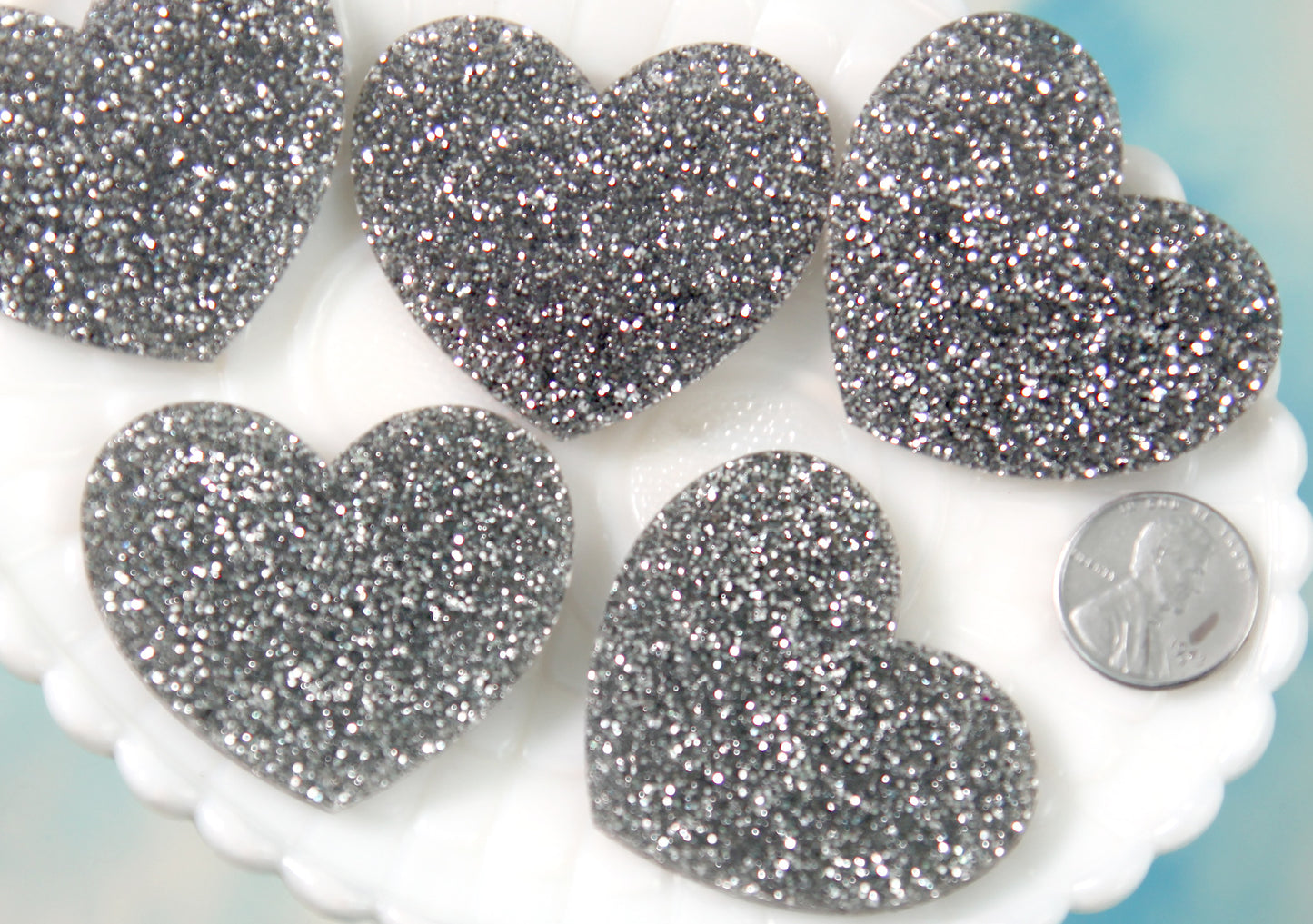 Glitter Heart - 45mm Silver Glitter Flat Acrylic Heart Cabochons - 4 pc set