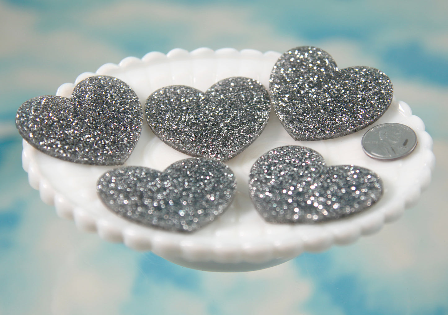 Glitter Heart - 45mm Silver Glitter Flat Acrylic Heart Cabochons - 4 pc set