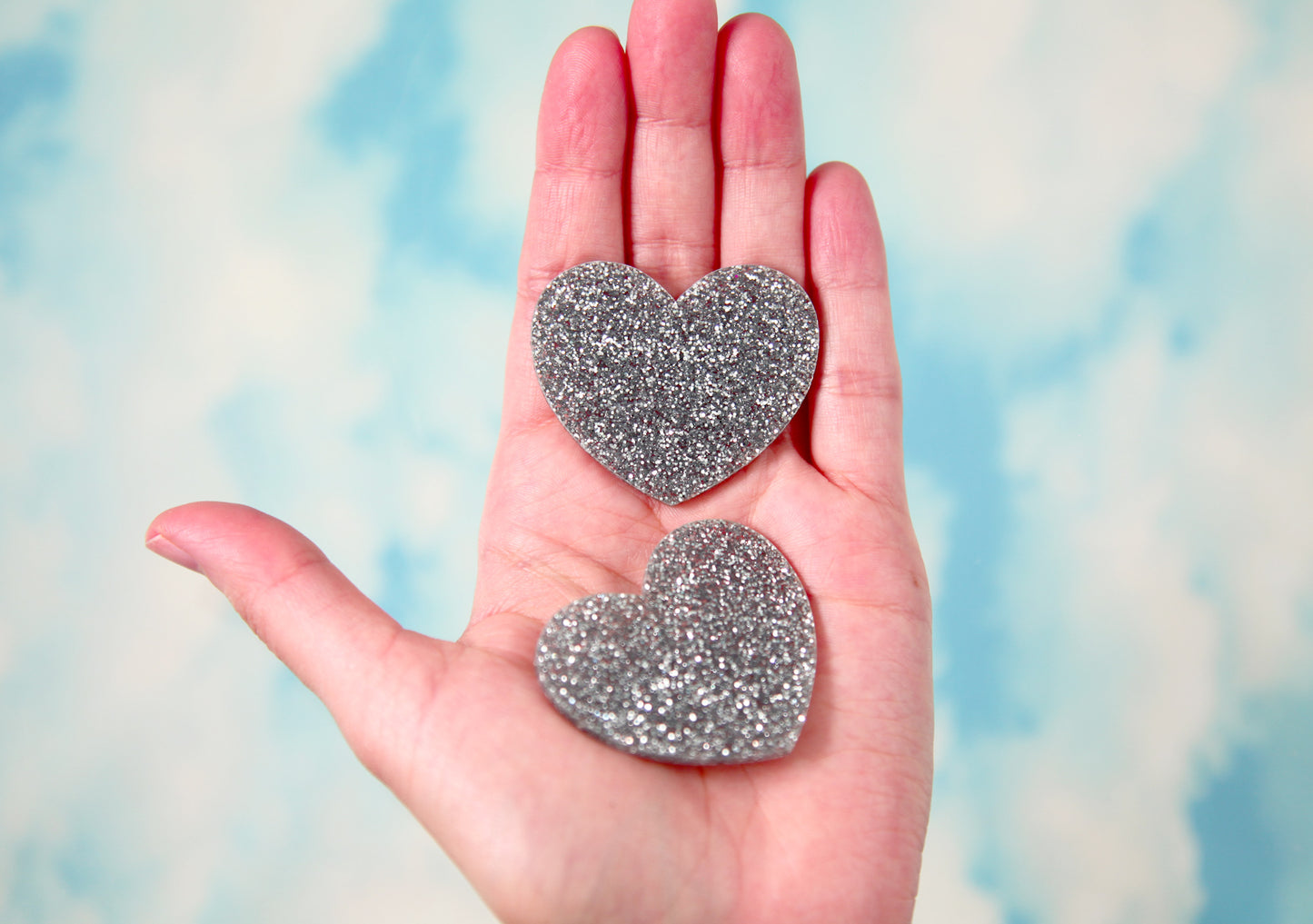 Glitter Heart - 45mm Silver Glitter Flat Acrylic Heart Cabochons - 4 pc set