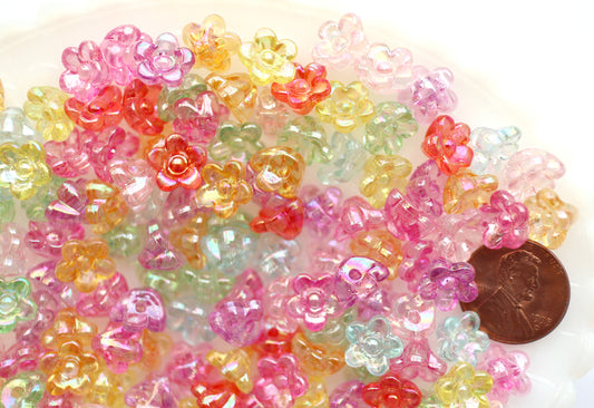 Flower Beads - 10mm Tiny 3D Flower AB Bead with Back Hole Iridescent Transparent Color Plastic Acrylic or Resin Beads – 150 pc set