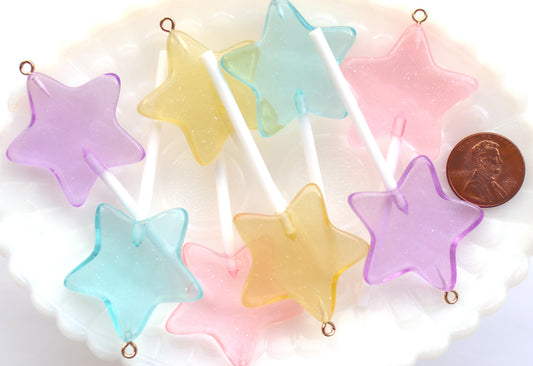 Lollipop Charm - 75mm Bright Star Shaped Fake Lollipop Kawaii Fairy Magic Wand Candy Resin Charms - Mixed Colors - 4 pc set