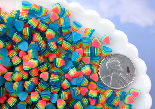 5mm Tiny Bright Striped Blue Neon Rainbow Hearts Resin Flatback Cabochons - 15 pcs set