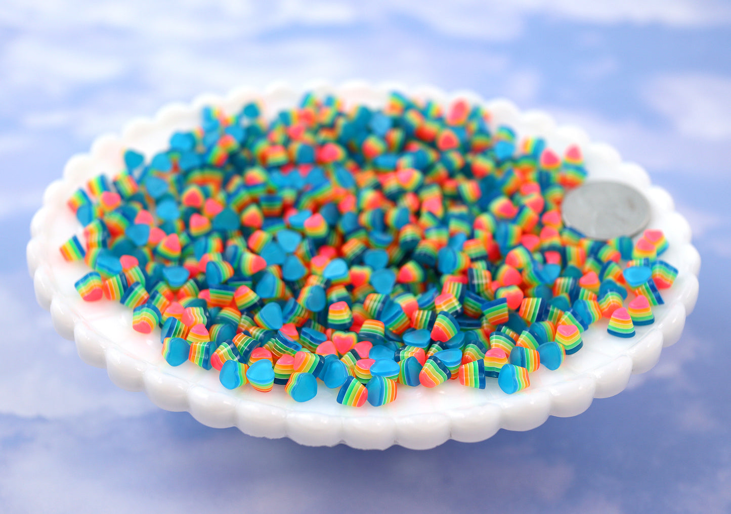 5mm Tiny Bright Striped Blue Neon Rainbow Hearts Resin Flatback Cabochons - 15 pcs set