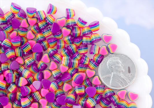 5mm Tiny Bright Striped Purple Neon Rainbow Hearts Resin Flatback Cabochons - 15 pcs set