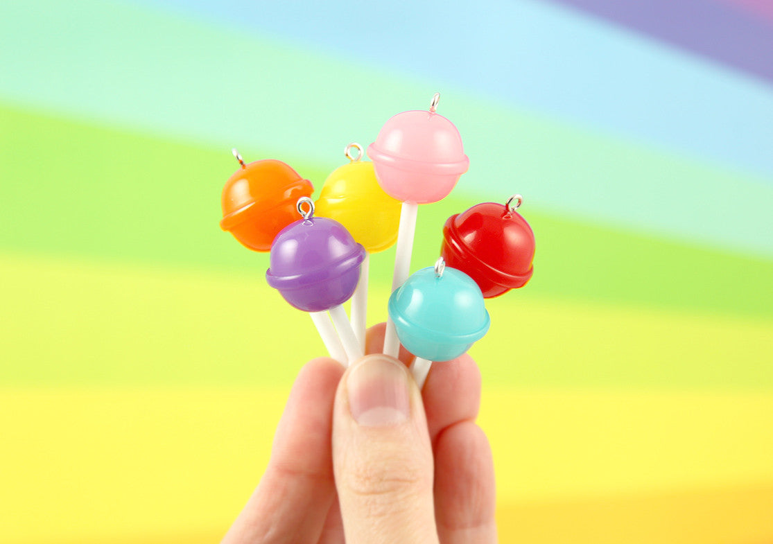 20mm Little Lollipop Round Plastic Pendants or Resin Charms, Fake Lollipops Cabochons - 6 pc set