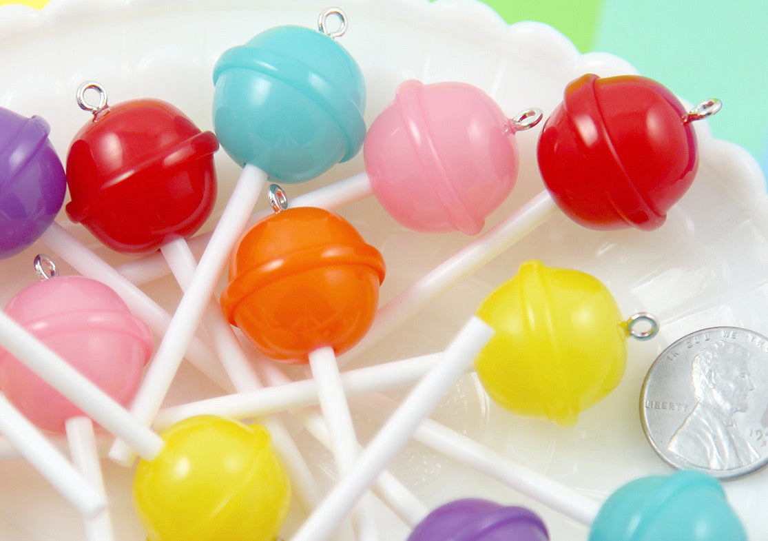 20mm Little Lollipop Round Plastic Pendants or Resin Charms, Fake Lollipops Cabochons - 6 pc set