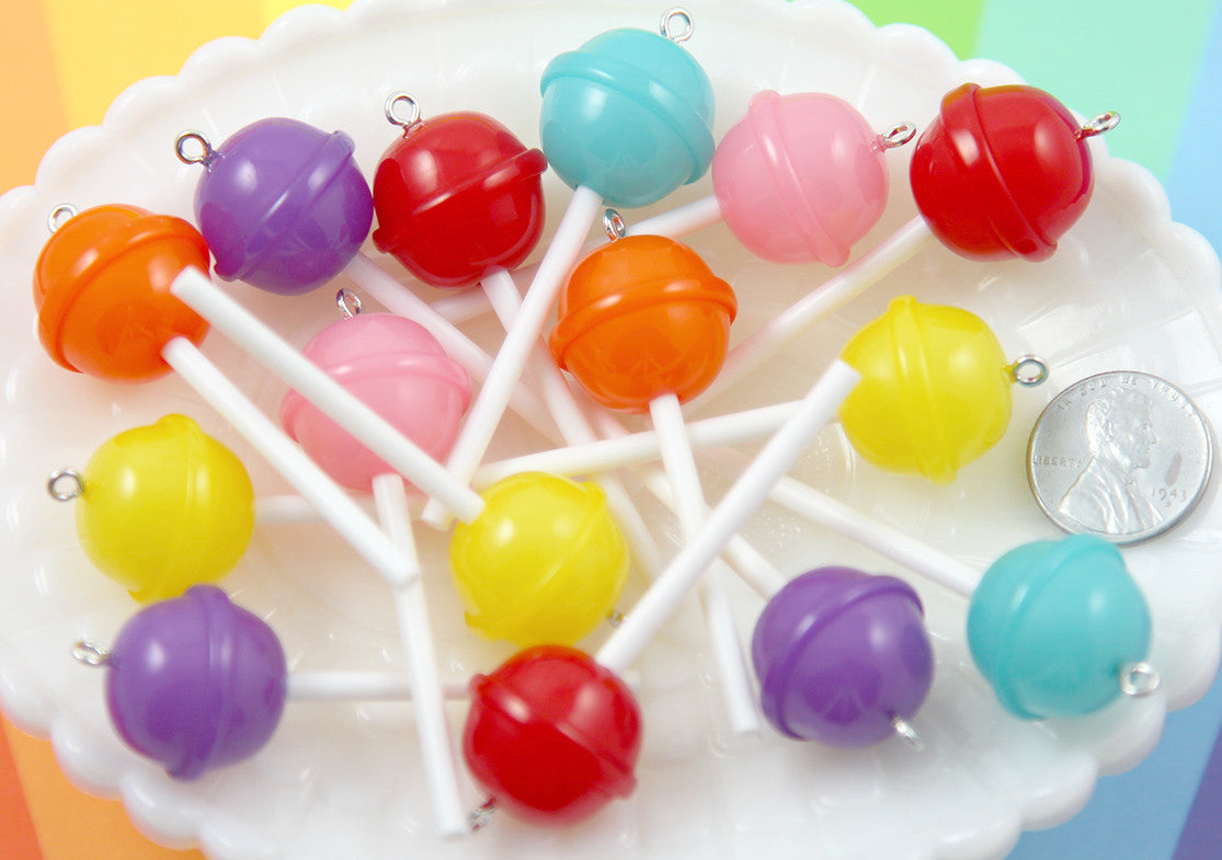 20mm Little Lollipop Round Plastic Pendants or Resin Charms, Fake Lollipops Cabochons - 6 pc set