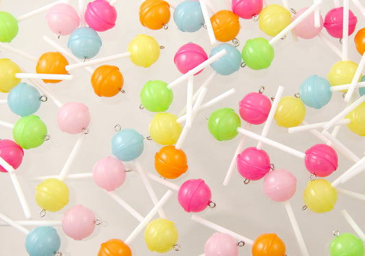 Fake Lollipops - 20mm Pastel Little Lollipop Round Plastic Pendants or Resin Charms - 6 pc set