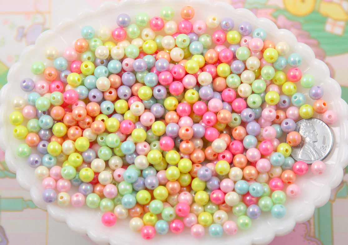 6mm Ice Cream Pastel Colors Shiny AB Iridescent Small Round Shape Plastic or Acrylic Beads - 500 pcs set
