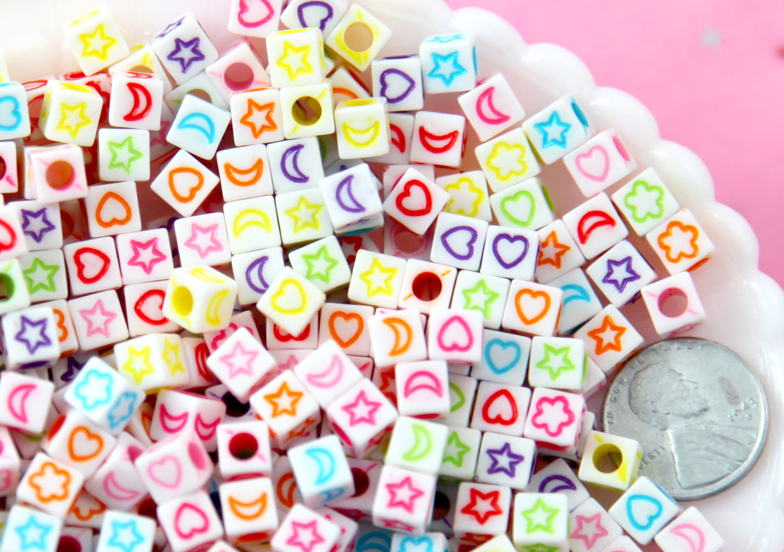 Symbols for 6mm Letter Beads - 6mm Cube Shaped Moon Heart Flower and Star Symbols for Alphabet Beads Acrylic or Resin Beads - 400 pc set