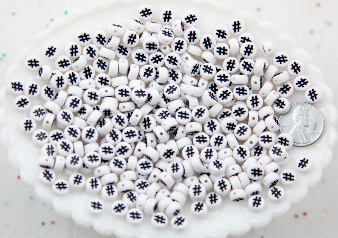 Hashtag Beads - 7mm Little Round White Number Sign or Hashtag Symbol Acrylic or Resin Beads - 300 pc set