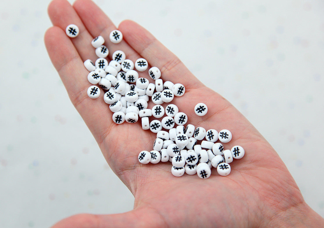 Hashtag Beads - 7mm Little Round White Number Sign or Hashtag Symbol Acrylic or Resin Beads - 300 pc set