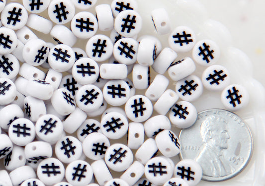 Hashtag Beads - 7mm Little Round White Number Sign or Hashtag Symbol Acrylic or Resin Beads - 300 pc set