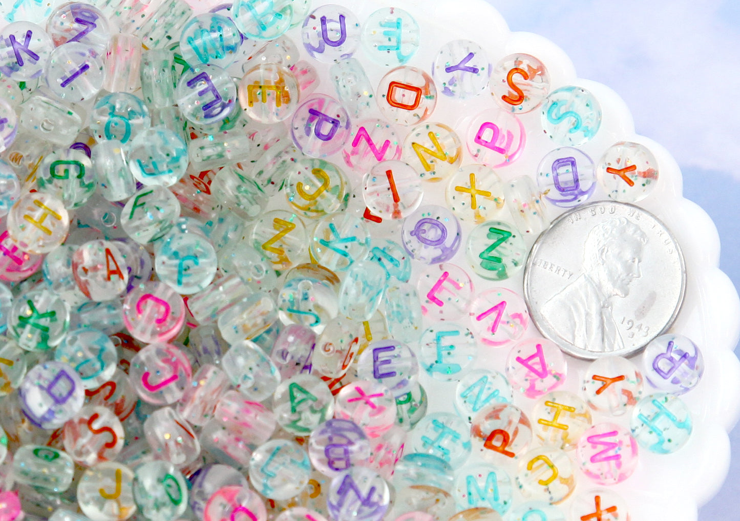 Glitter Letter Beads - 7mm Little Transparent Glitter Colorful Round Alphabet Acrylic or Resin Beads - 400 pc set