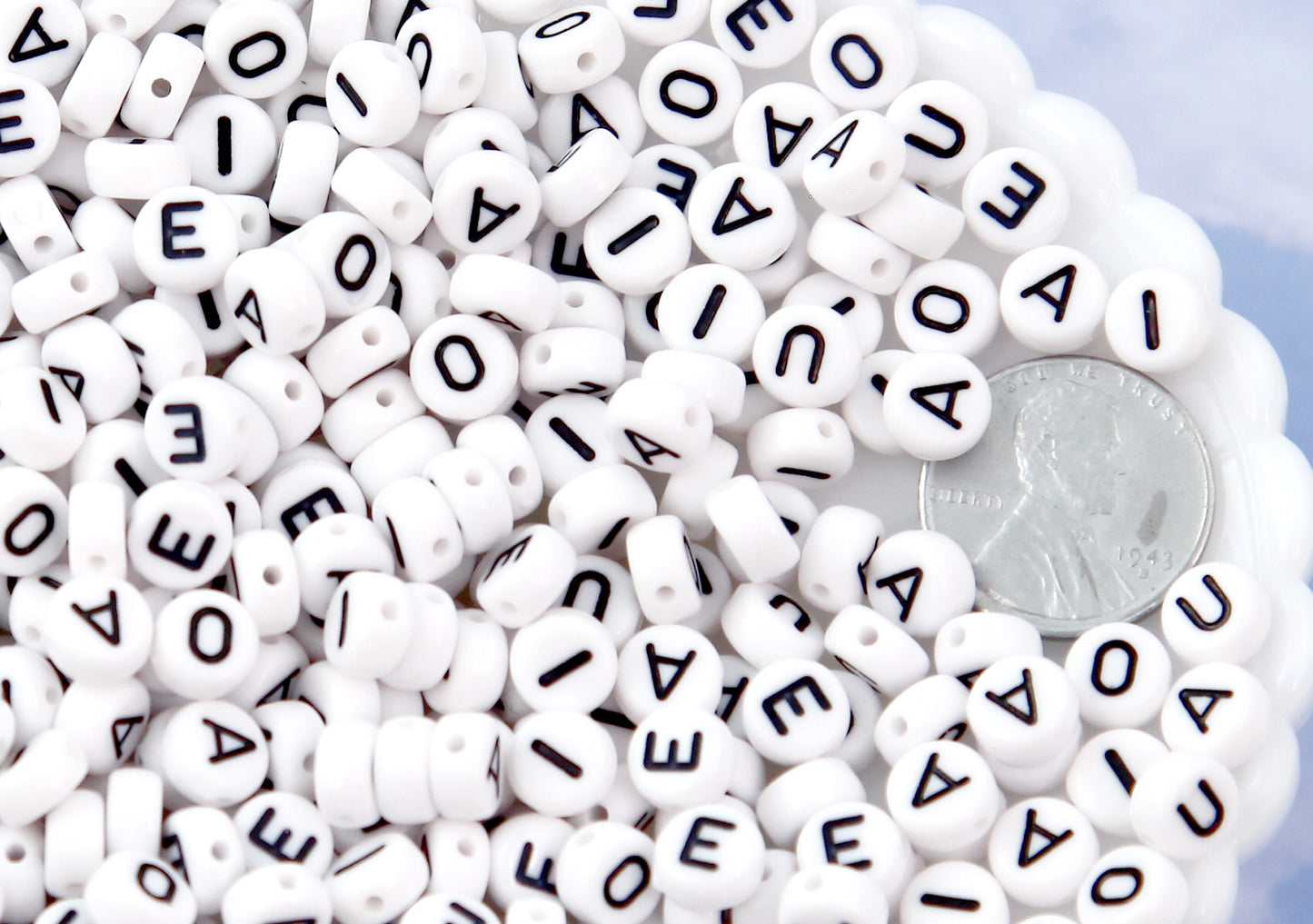 Vowels Only Letter Beads - 7mm Little Round White Vowel Alphabet Acrylic or Resin Beads - 300 pc set