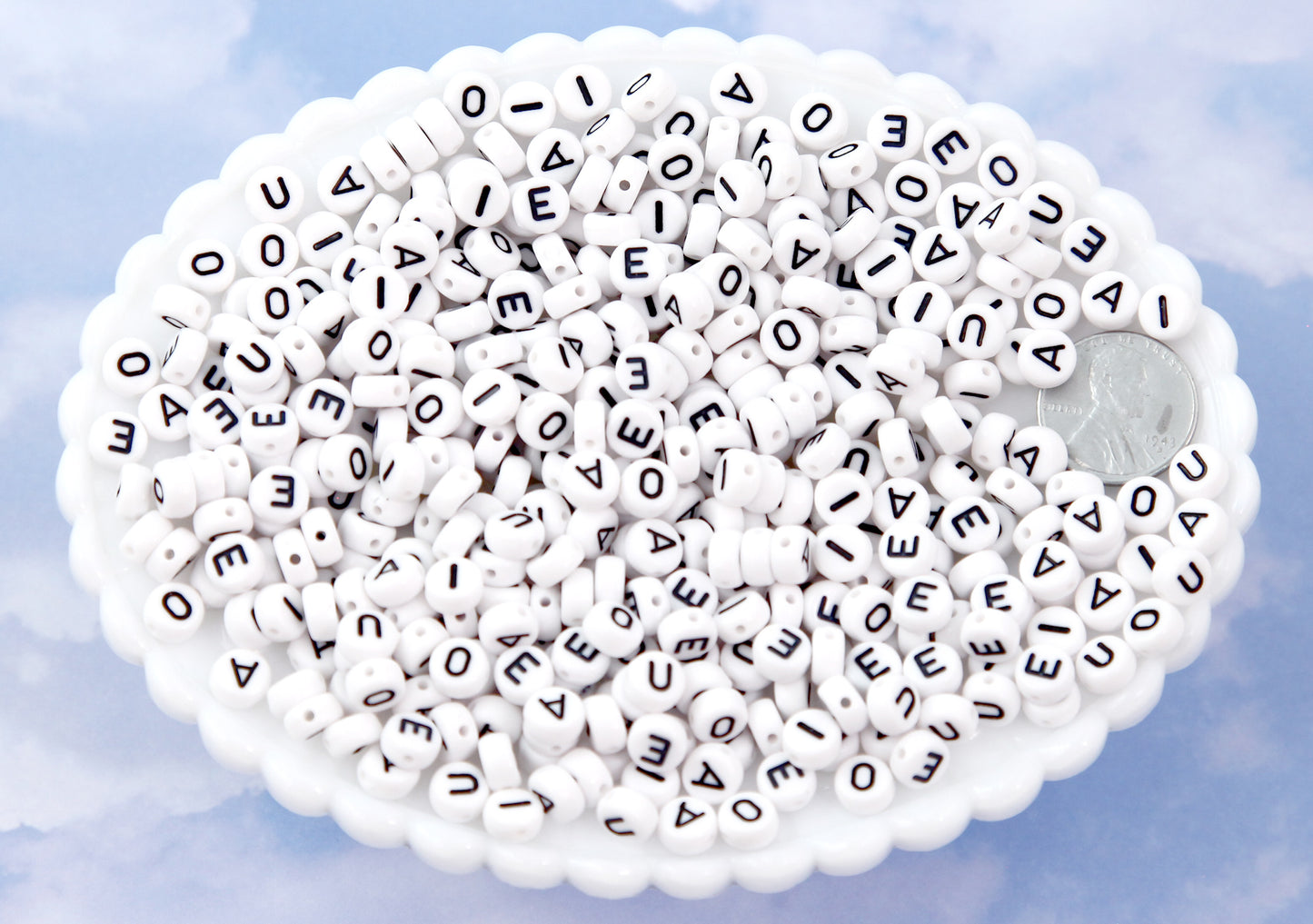 Vowels Only Letter Beads - 7mm Little Round White Vowel Alphabet Acrylic or Resin Beads - 300 pc set