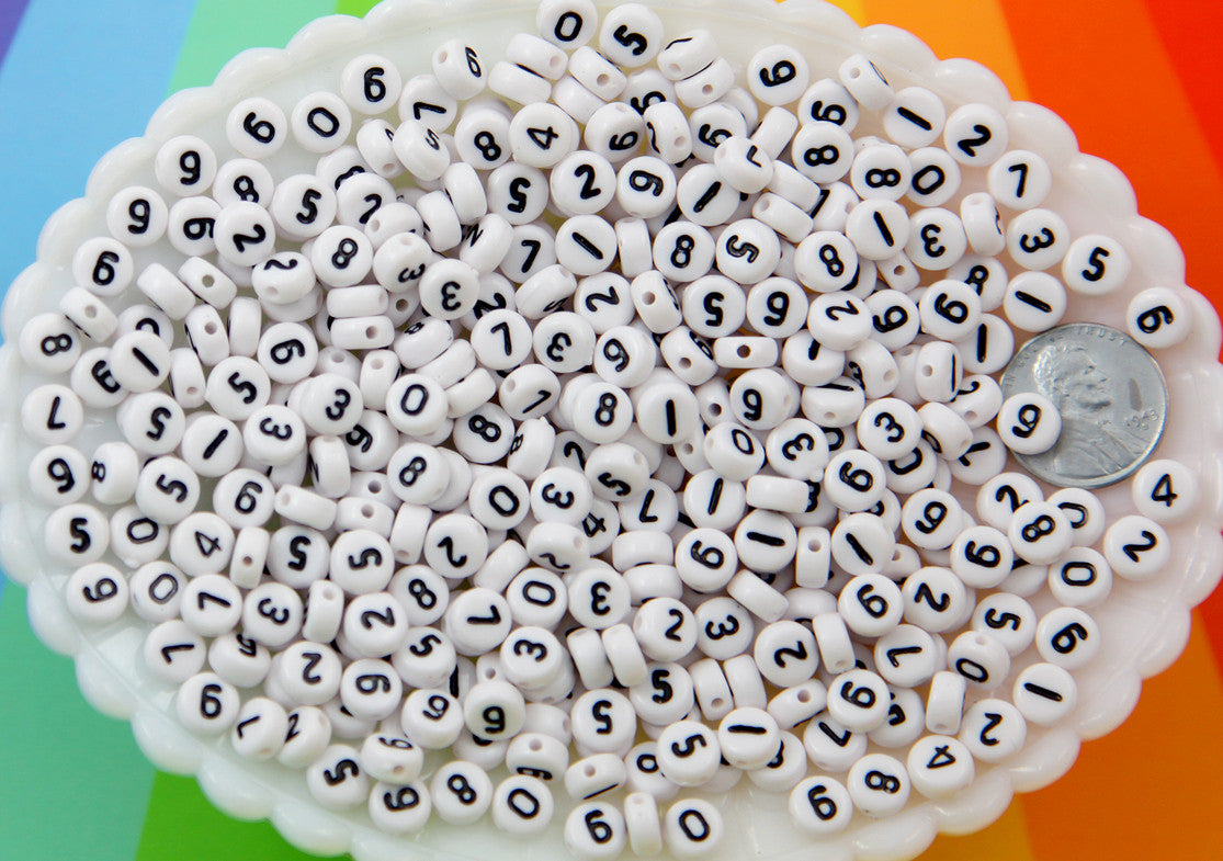 Number Beads - 7mm Little Round White Number Acrylic or Resin Beads - 400 pc set
