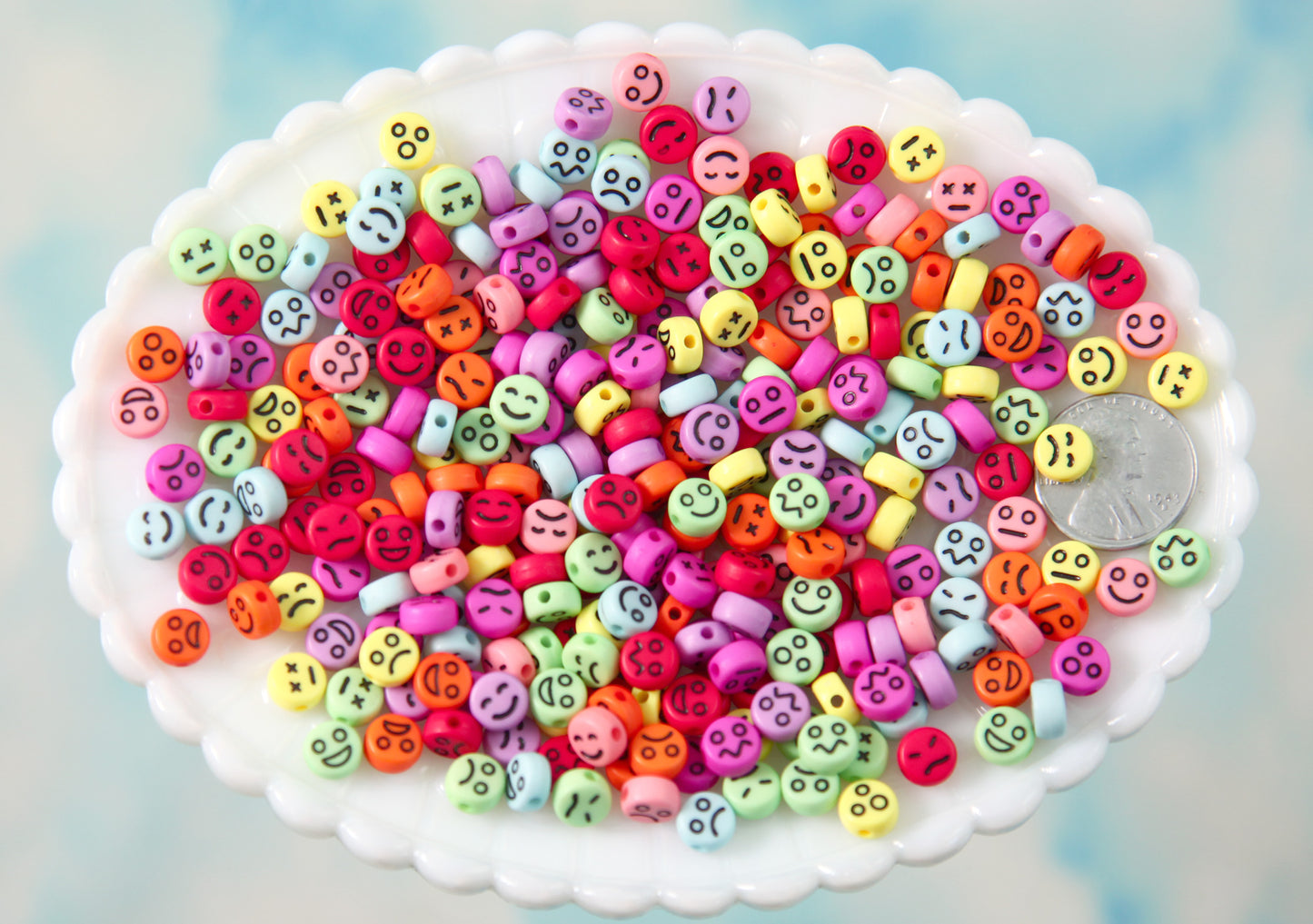 Face Beads - 7mm Tiny Mixed Expression Happy Face Smile Emoji Bead Shape Acrylic or Resin Beads - 300 pc set