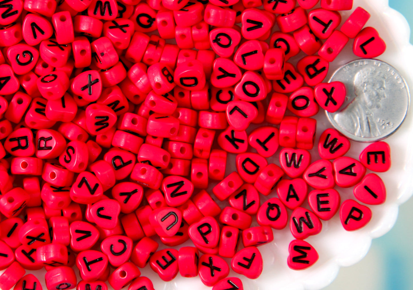 Letter Beads - 7mm Little Red Heart Shaped Alphabet Acrylic or Resin Beads - 300 pc set