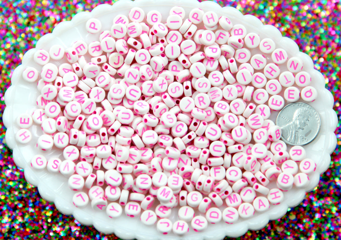 Letter Beads - 7mm White Bead with Pink Text Round Alphabet Acrylic or Resin Beads - 400 pc set