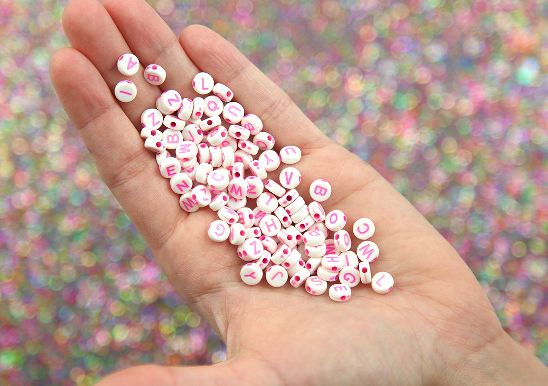 Letter Beads - 7mm White Bead with Pink Text Round Alphabet Acrylic or Resin Beads - 400 pc set