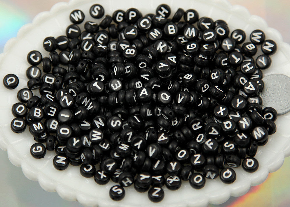 7mm Little Round Black Alphabet Acrylic or Resin Beads - 400 pc set