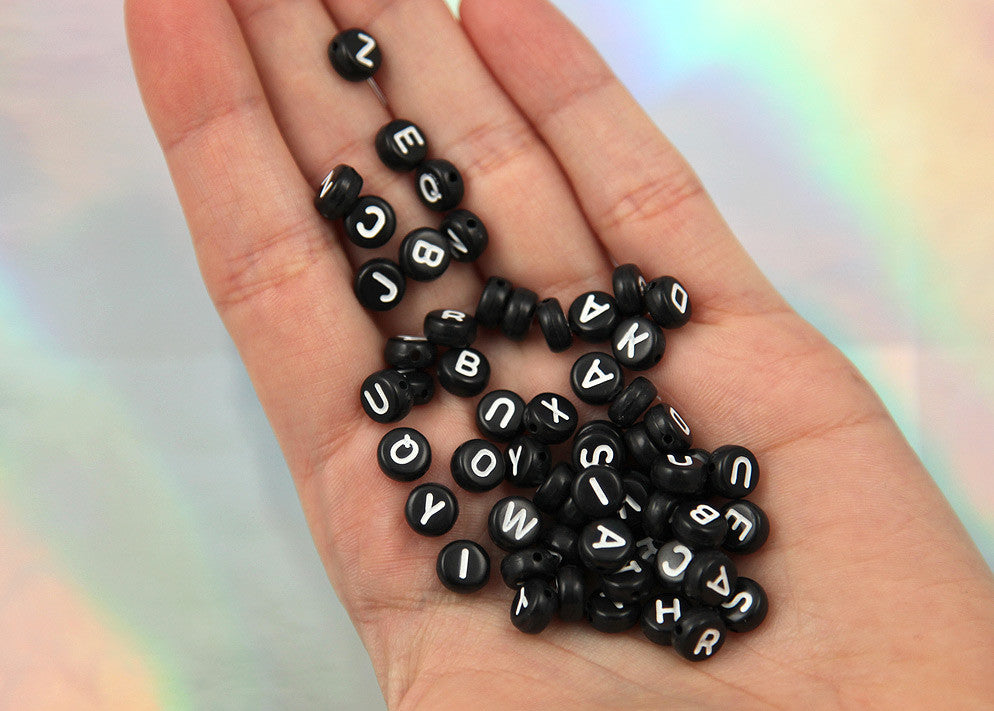 7mm Little Round Black Alphabet Acrylic or Resin Beads - 400 pc set
