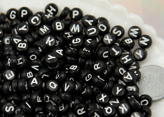 7mm Little Round Black Alphabet Acrylic or Resin Beads - 400 pc set