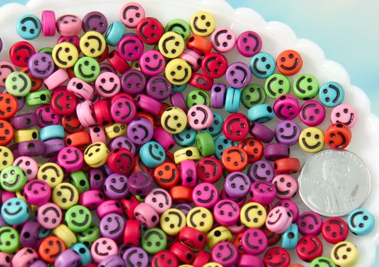 Happy Face Beads - 7mm Tiny Mixed Color Smile Shape Acrylic or Resin Beads - 300 pc set