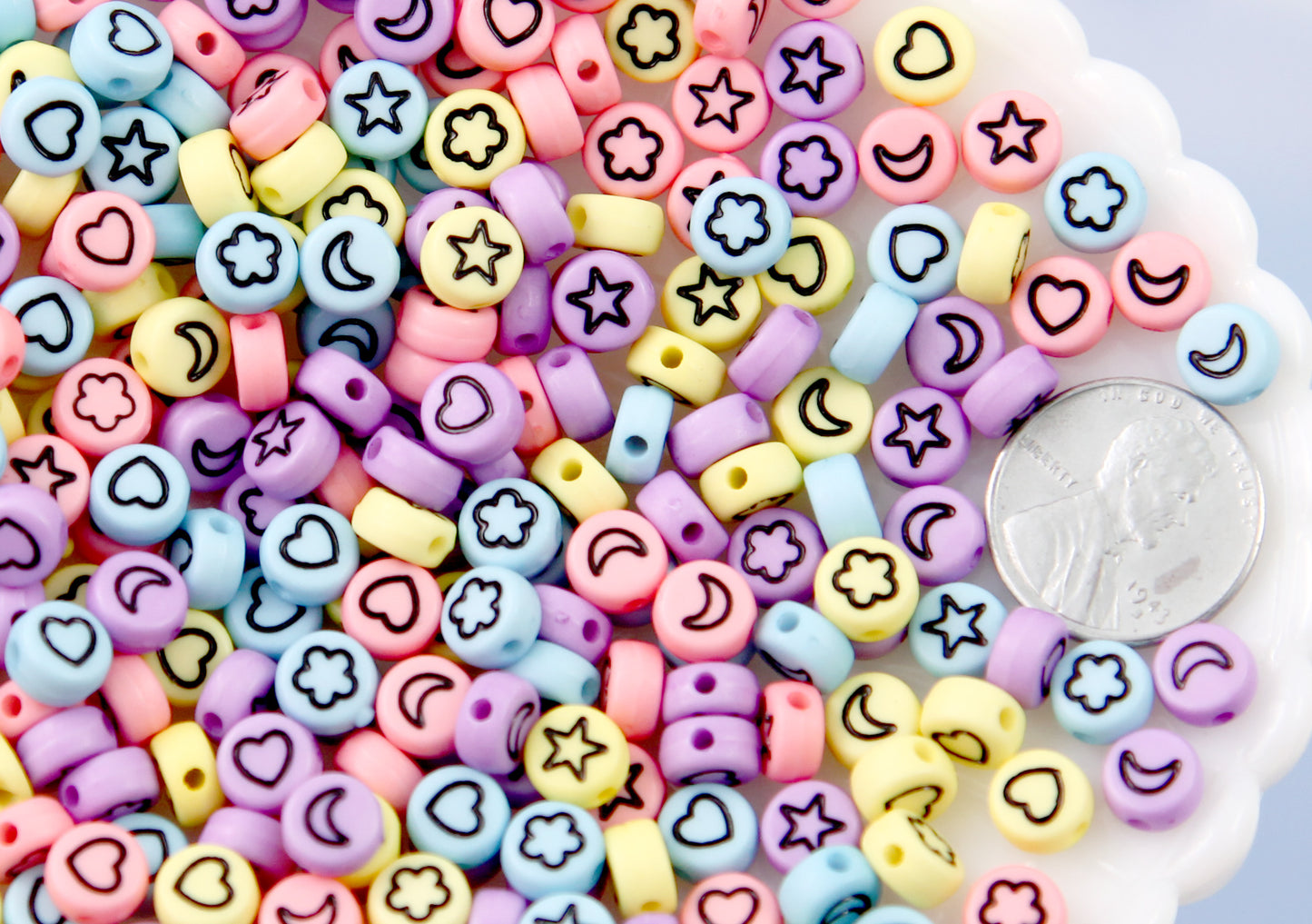 Pastel Symbols for 7mm Letter Beads - 7mm Pastel Moon Heart Flower and Star Symbols for Alphabet Beads Acrylic or Resin Beads - 300 pc set