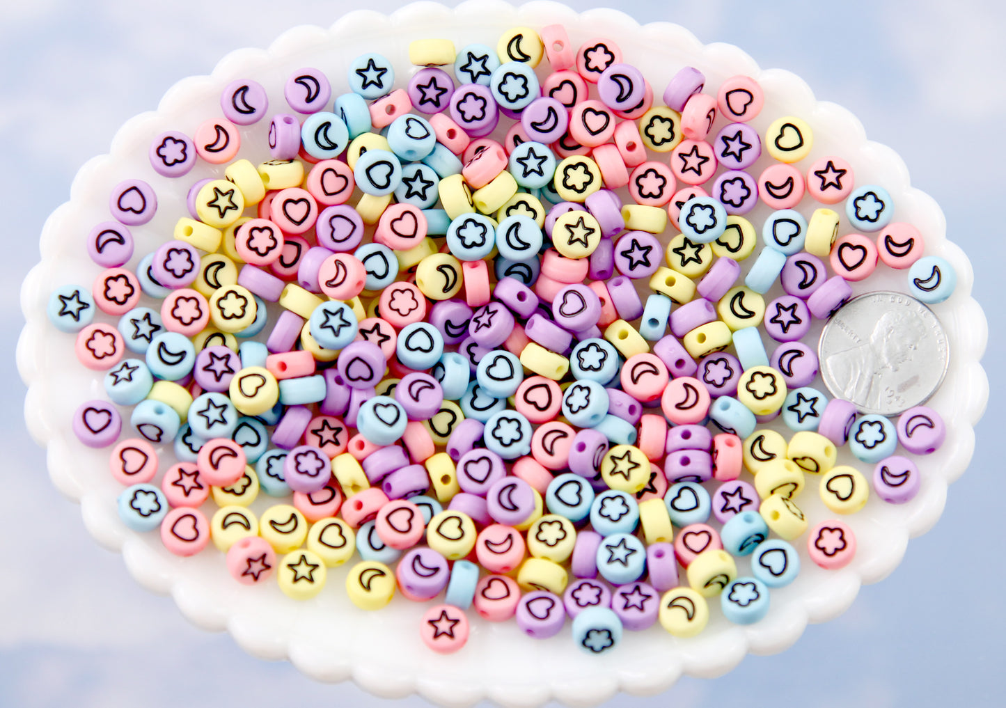 Pastel Symbols for 7mm Letter Beads - 7mm Pastel Moon Heart Flower and Star Symbols for Alphabet Beads Acrylic or Resin Beads - 300 pc set
