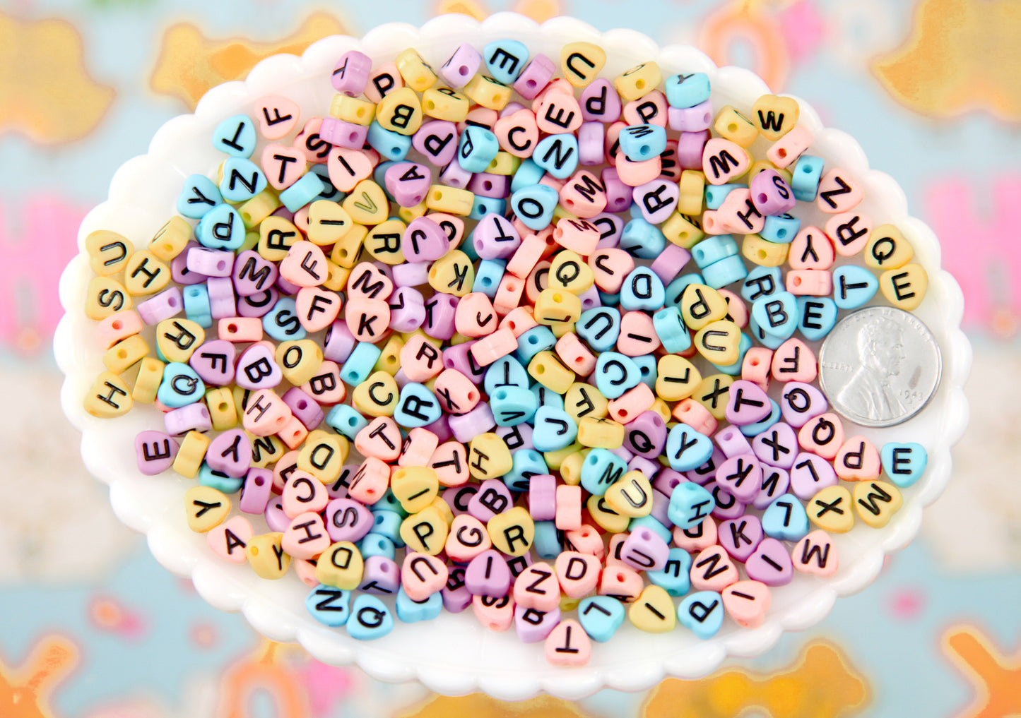 Letter Beads - 7mm Little Pastel Heart Shaped Alphabet Acrylic or Resin Beads - 300 pc set