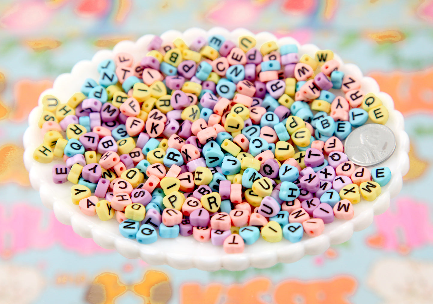 Letter Beads - 7mm Little Pastel Heart Shaped Alphabet Acrylic or Resin Beads - 300 pc set