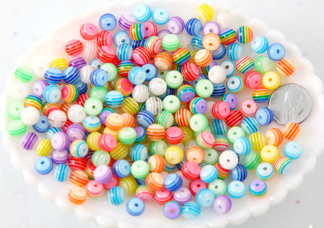 Striped Resin Beads - 8mm Small Translucent Striped Resin or Acrylic Beads, mixed color, small size beads - 100 pc set