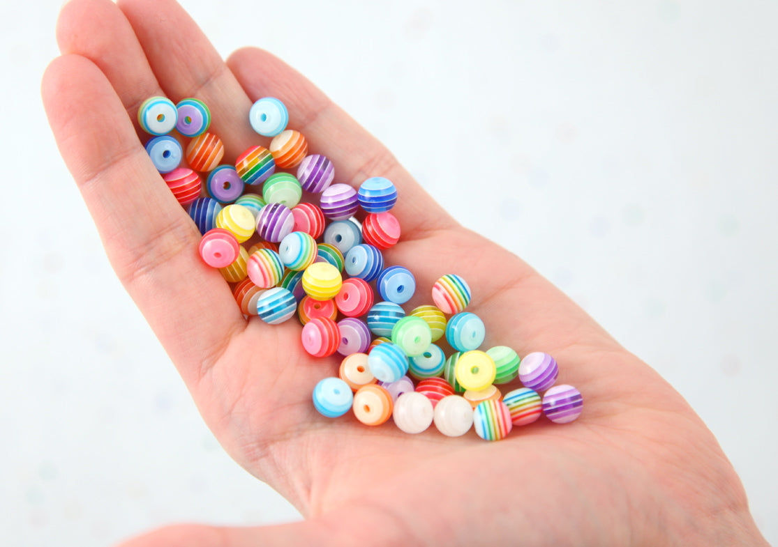 Striped Resin Beads - 8mm Small Translucent Striped Resin or Acrylic Beads, mixed color, small size beads - 100 pc set