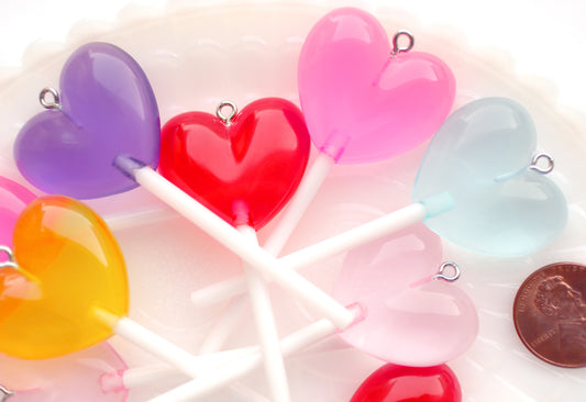 Heart Lollipop Charms - 70mm Big Translucent Heart Shaped Fake Candy Acrylic or Resin Charms - 6 pc set